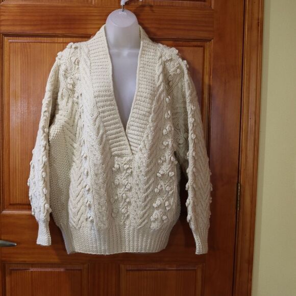 Irish Style Hand Knit Heavy Chunky Wool Fisherman Sweater Off White Large - Picture 3 of 14